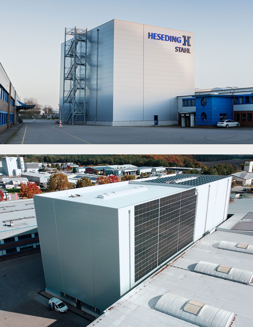 Außenaufnahme des Heseding-Standorts in Lohne mit dem großen Hochregallager für Stahl, Edelstahl und Aluminium – moderner Stahlhandel mit vollautomatisierter Lagertechnik und hoher Kapazität für Industrie und Handwerk.